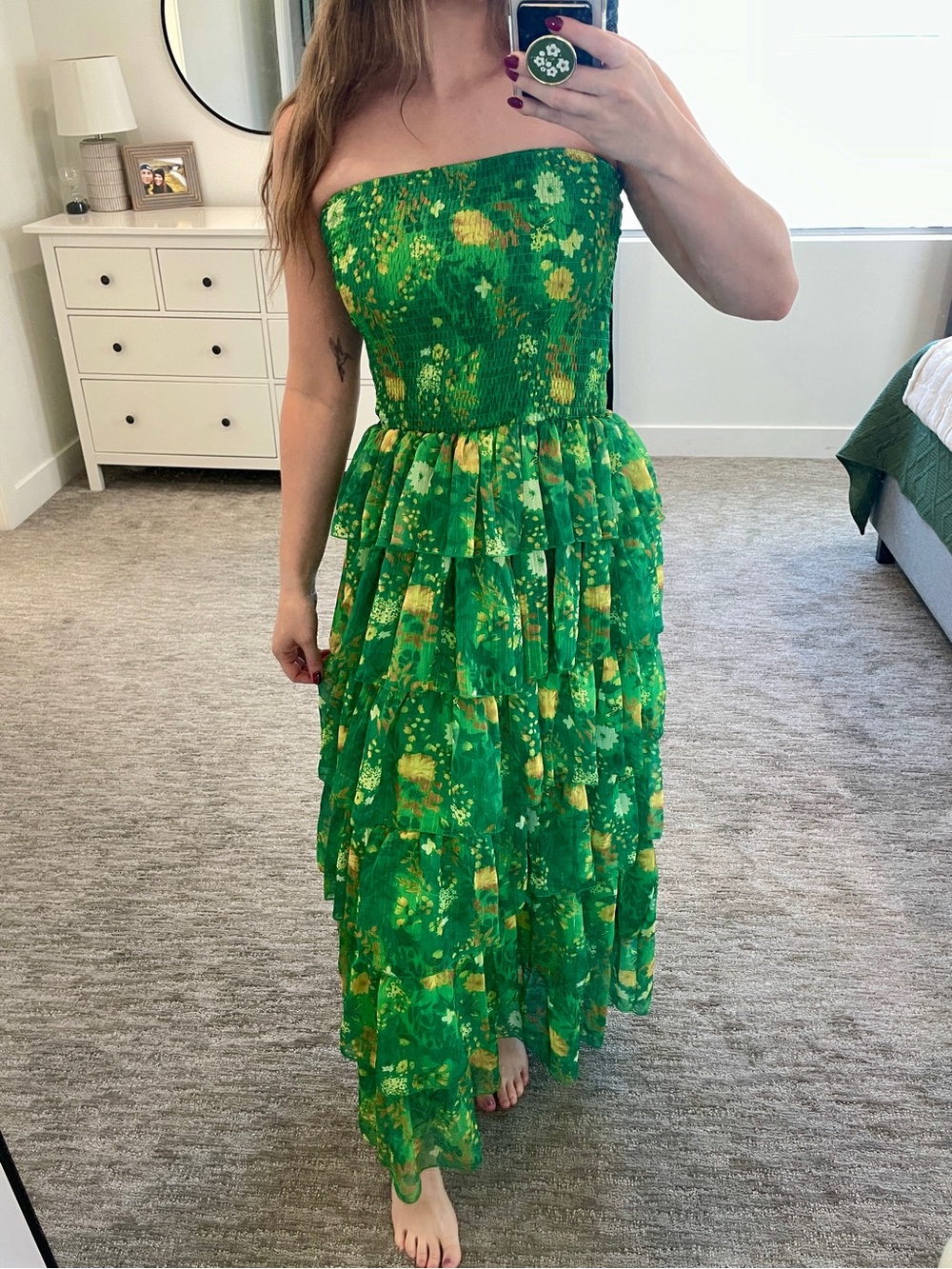 Smocked Strapless Green Floral Tiered Maxi Dress